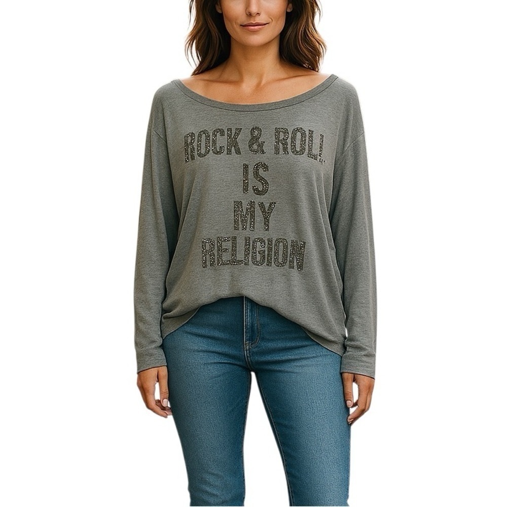 Haute Hippie Gray Rhinestone Rock & Roll is My Religion Surplus Sleeve Tee | M - Picture 14 of 14